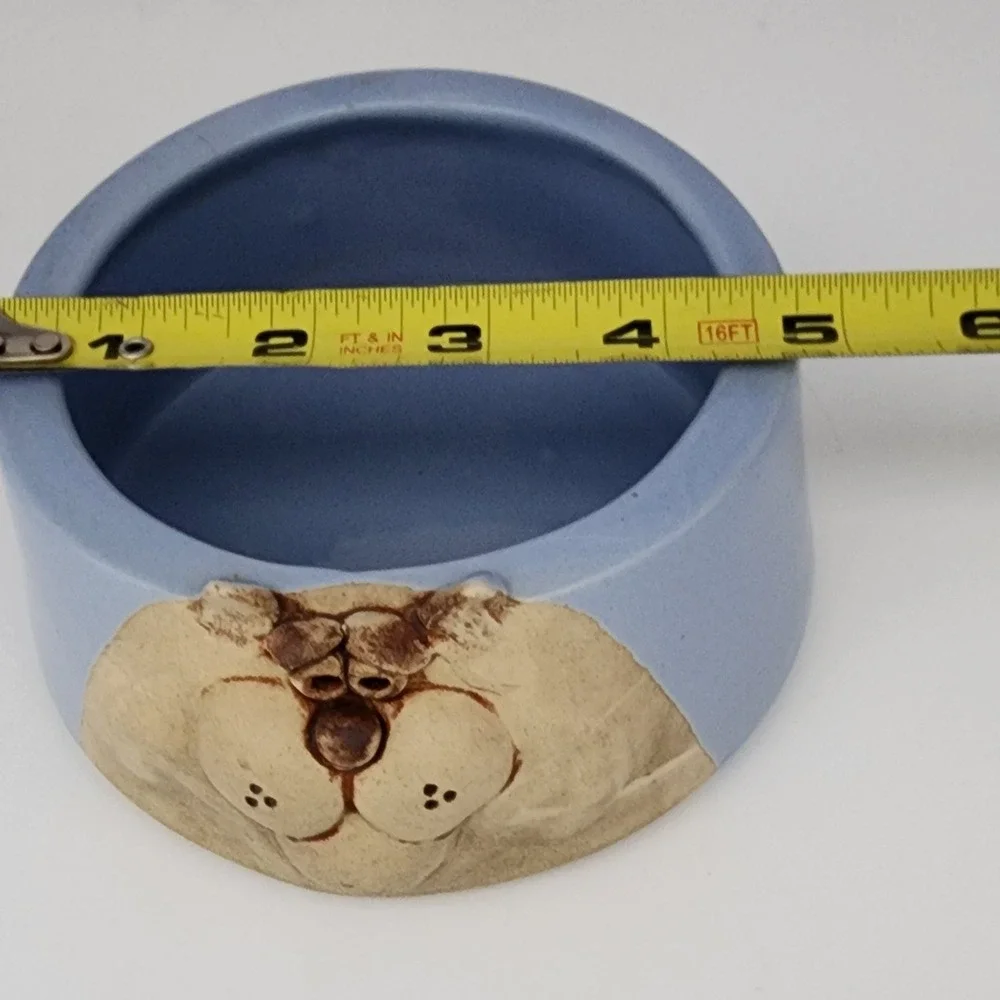 Ceramic Cat Face Pet Bowl Small Blue Tan Whimsical 3D Relief Studio Pottery